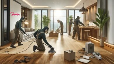 Cost of wood floor refinishing process in a modern living room