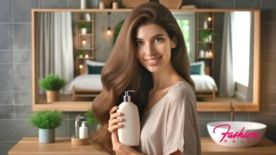 Woman Showcasing the Shampoo Effect in Modern Bathroom